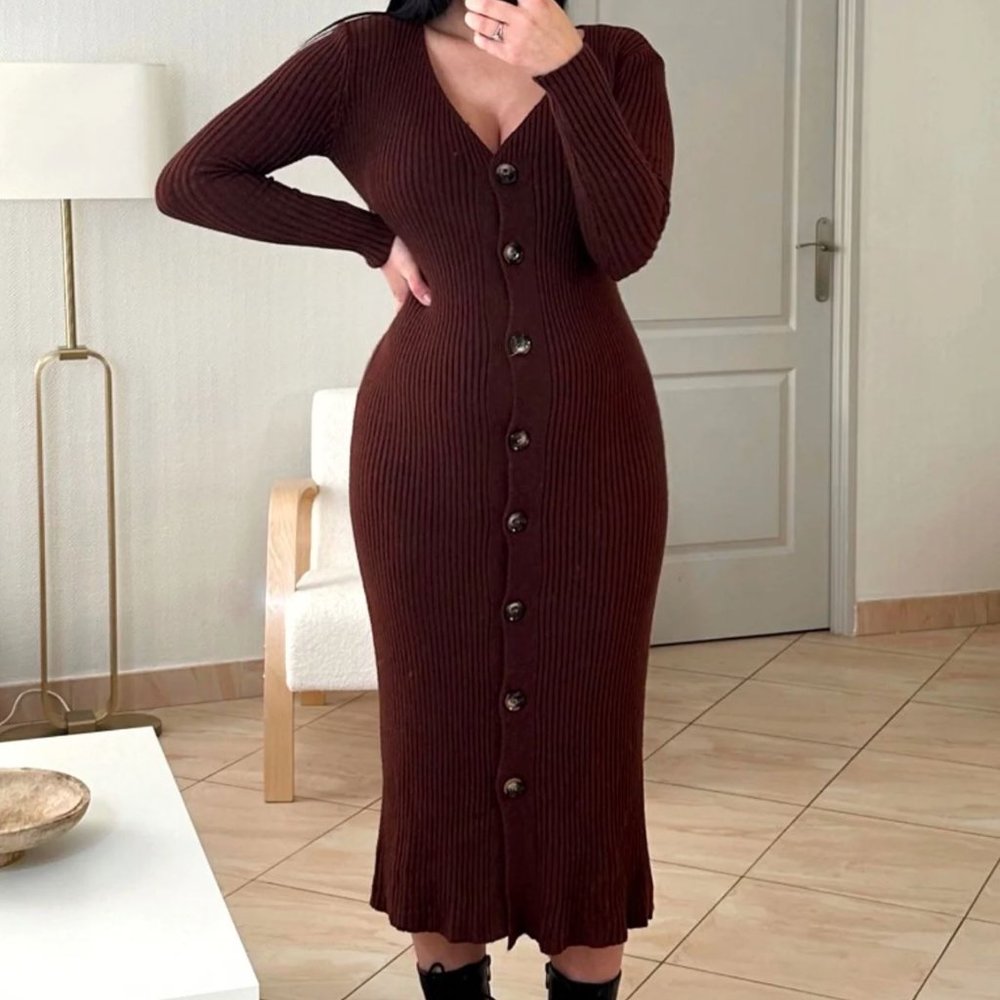 BNWT Forever 21 Chocolate Long Knitted Button Up Maxi Sweater Cardigan Dress